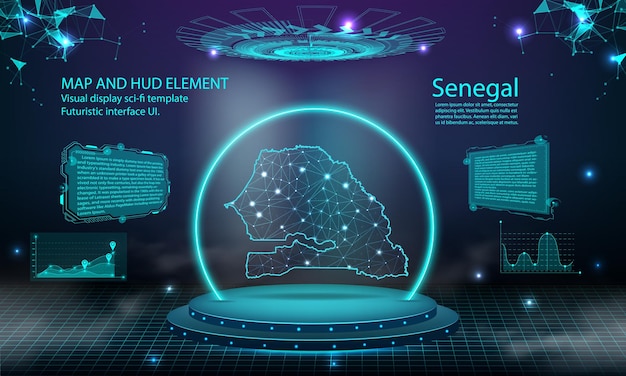 Senegal map light connecting effect background abstract digital technology UI GUI futuristic HUD Virtual Interface with senegal map Stage futuristic podium in fog