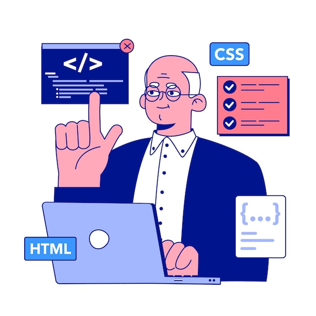 Senior developer Oldman programming and coding Developing and maintaining website and app Oldster IT specialist working in server and data processing centers Flat vector illustration
