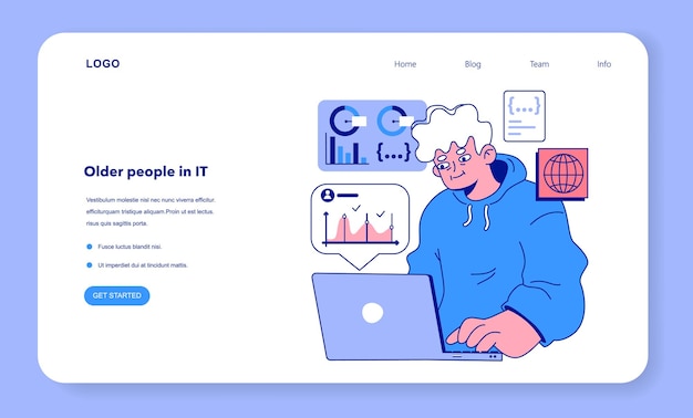 Senior developer web banner or landing page Oldman programming and coding Developing and maintaining website or app Oldster IT specialist working in data processing center Flat vector illustration