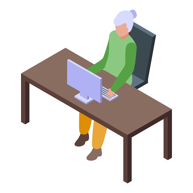 Senior woman using braille display keyboard working on desktop computer