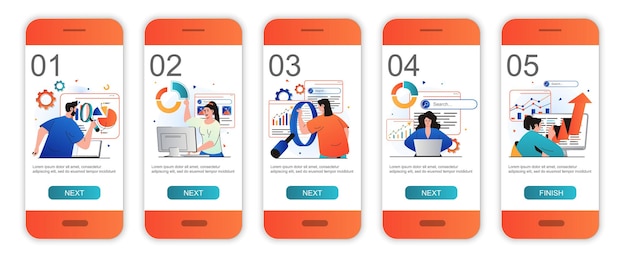 Seo analysis concept onboarding screens for mobile app templates Analysts optimize search