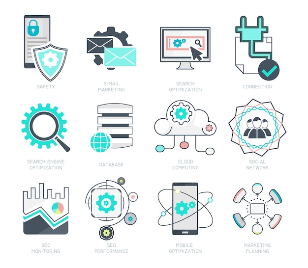 SEO and internet marketing icons in modern flat design Vector illustration