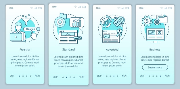SEO keyword tool subscription onboarding mobile app page screen vector template. Standard tariff. Walkthrough website steps with linear illustrations. UX, UI, GUI smartphone interface concept