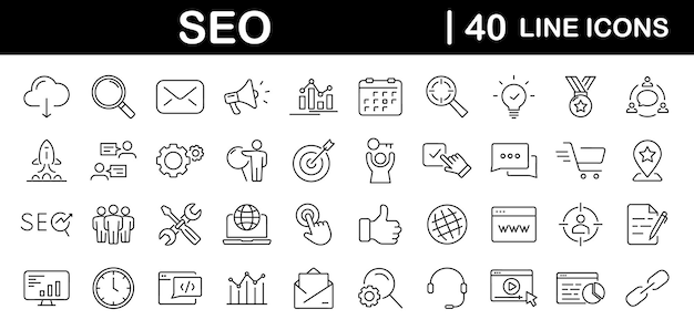 seo optimisation set of web icons in line style search engine optimization business traffic optimization target search engine and marketing icons for web and mobile app vector illustration