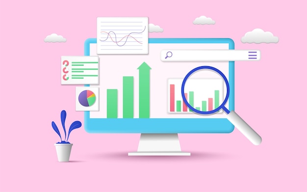 SEO optimization Data analytics dashboard and Business financial report chart web analytics website optimization marketing on computer 3d vector illustration on pink background