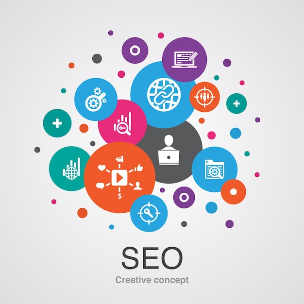 SEO trendy UI bubble design concept with simple icons. Contains such elements as Search engine, Target keywords, Web analytics, SEO monitoring and more