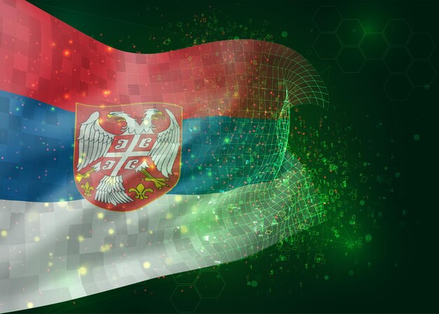 Serbia, on vector 3d flag on green background with polygons and data numbers