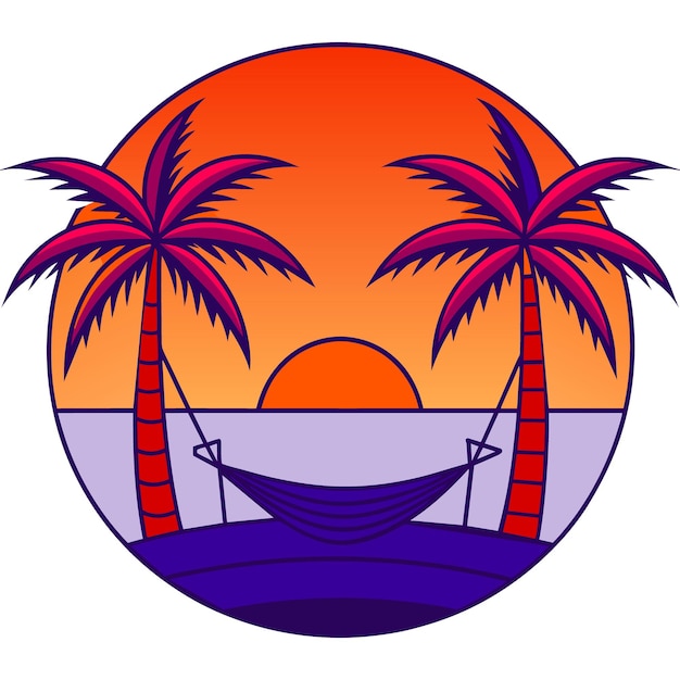 serene beach scene with a hammock between two palm trees a setting sun and gentle waves