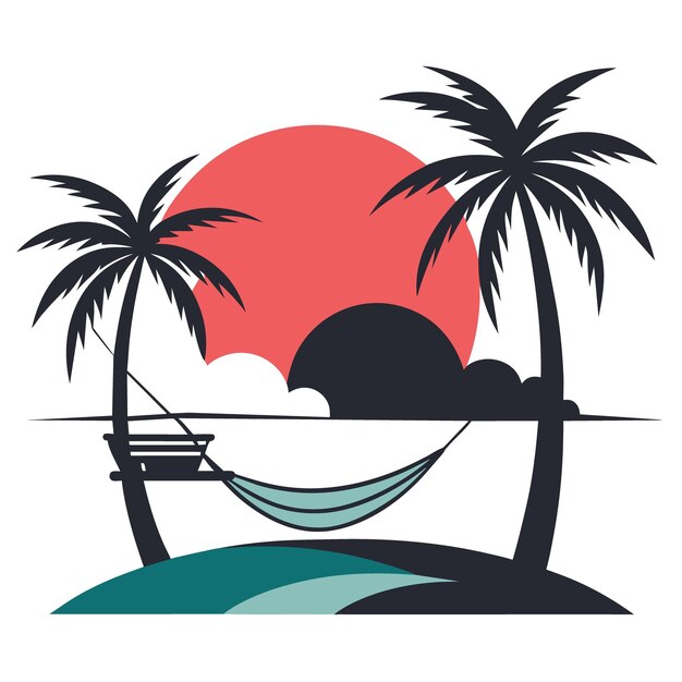 serene beach scene with a hammock between two palm trees a setting sun and gentle waves