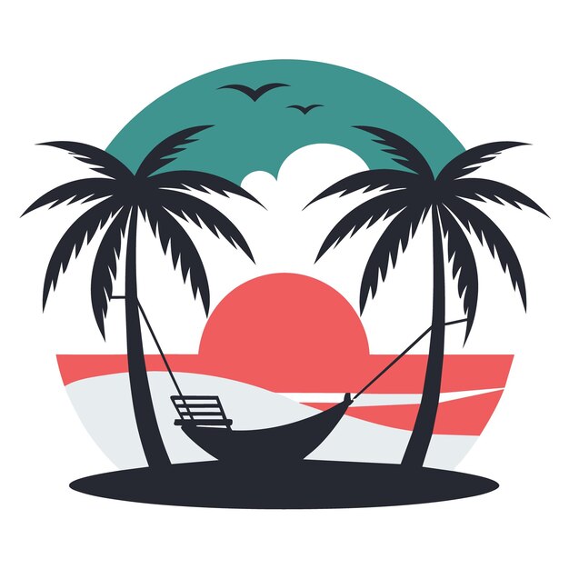 serene beach scene with a hammock between two palm trees a setting sun and gentle waves