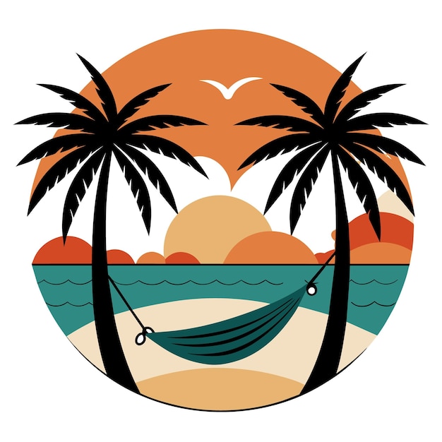serene beach scene with a hammock between two palm trees a setting sun and gentle waves