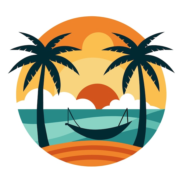 serene beach scene with a hammock between two palm trees a setting sun and gentle waves