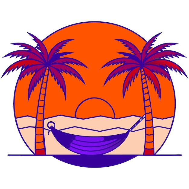 serene beach scene with a hammock between two palm trees a setting sun and gentle waves