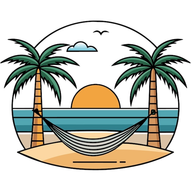 serene beach scene with a hammock between two palm trees a setting sun and gentle waves