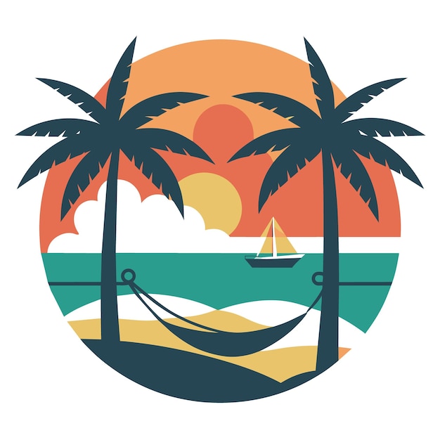 serene beach scene with a hammock between two palm trees a setting sun and gentle waves