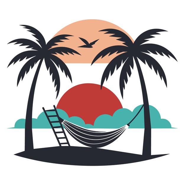 serene beach scene with a hammock between two palm trees a setting sun and gentle waves