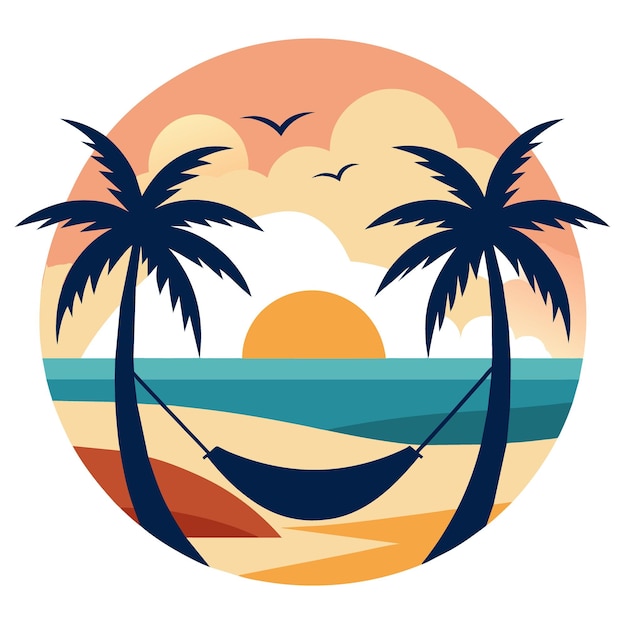 serene beach scene with a hammock between two palm trees a setting sun and gentle waves