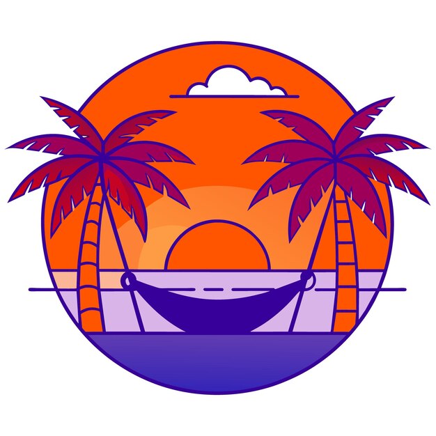 serene beach scene with a hammock between two palm trees a setting sun and gentle waves