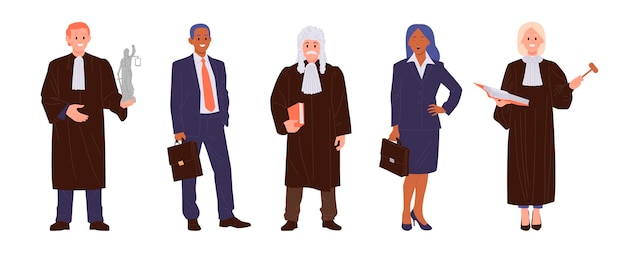 servants of law male female judge lawyer advocate cartoon characters set isolated on white