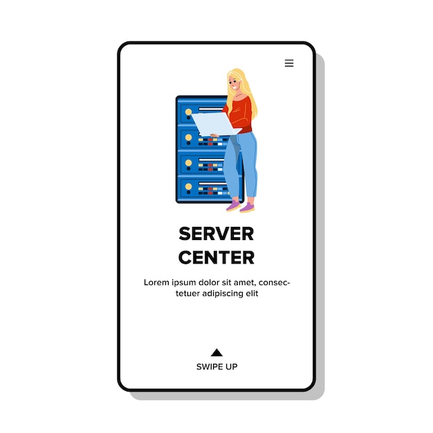 Server Center Worker Checking Equipment Vector. Young Girl Developer Connected To Data Server Center Computer For Checking And Fixing Bug. Character Working Web Flat Cartoon Illustration