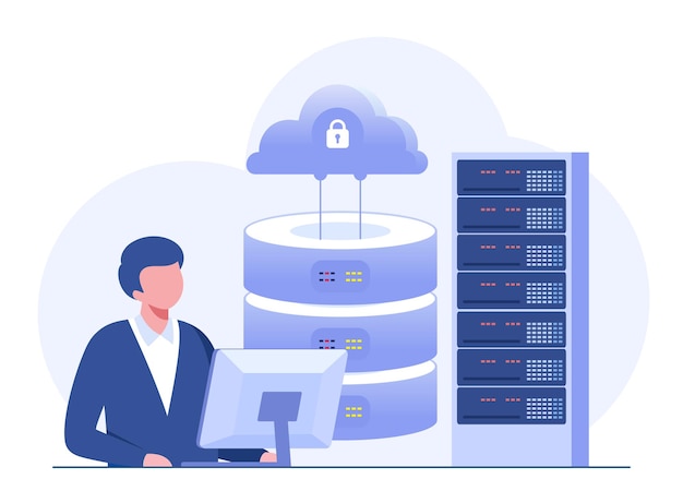 Server computing database system programmering hardware og teknologi computer flad vektorillustration banner baggrund
