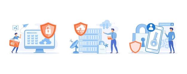 server security and data protection concept. online payment security, cloud shared documents, set flat vector modern illustration