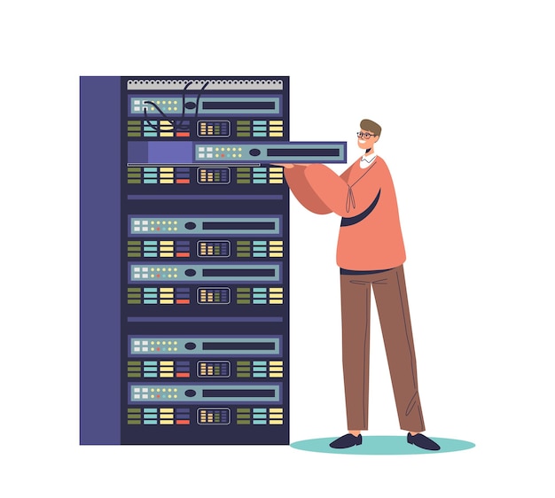 Service administrator working in server room with rack cabinets Maintenance network administration