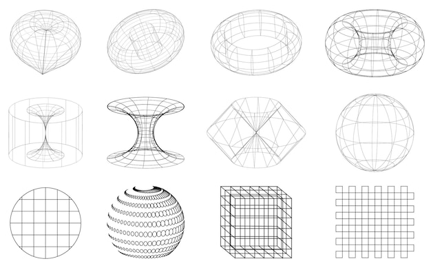 Set 3d Retro futuristicBlack trip elements on the white backgroundTrippy vibe shapes abstract