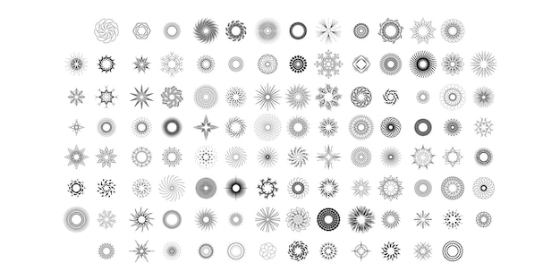 Set Abstract Collection Round Circles Starburst Sunburst Sunset Black Line Doodle Design Elements