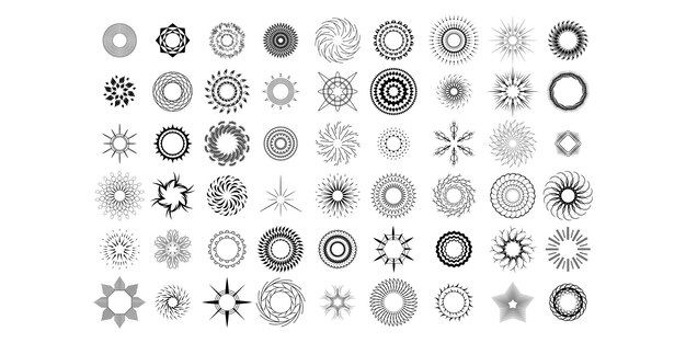 Set Abstract Collection Round Circles Starburst Sunburst Sunset Black Line Doodle Design Elements