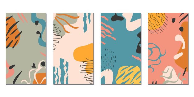 Set abstract doodle contemporary wall art Hand drawn organic shapes social media templates Modern