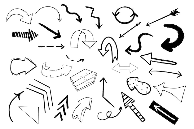 Set arrow pointer ink lines textured shapes hand drawn decorative elements in doodle style