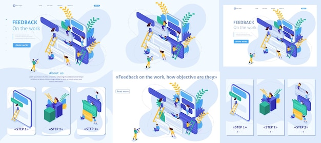 Set article Landing page app design Isometric concept Internet users write feedback about services