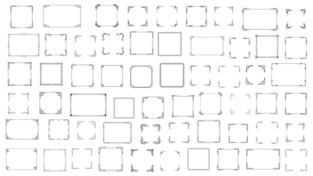 set black simple line frame collection doodle square floral frame elements vector design style