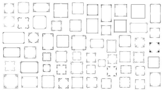 set black simple line frame collection doodle square floral frame elements vector design style