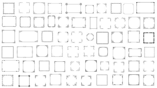 set black simple line frame collection doodle square floral frame elements vector design style