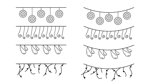 set black simple line garlands flags collection doodle elements vector design style sketch isolated