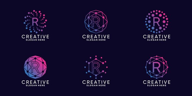 Set bundle monogram logo design technology initial letter r with linear and dot style Premium Vector