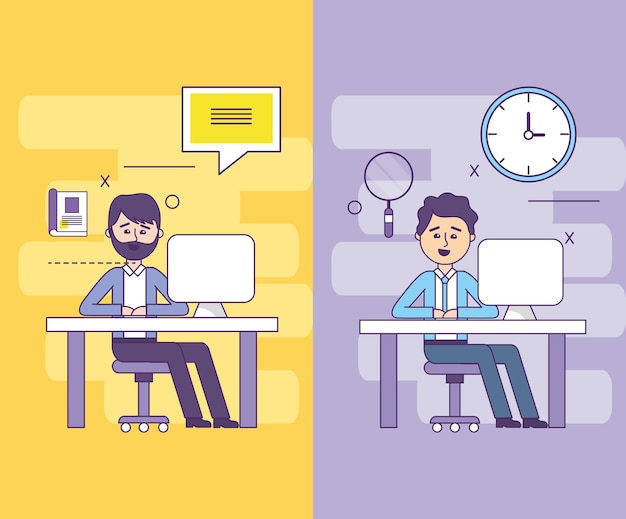Set businessman with computer documents information strategy