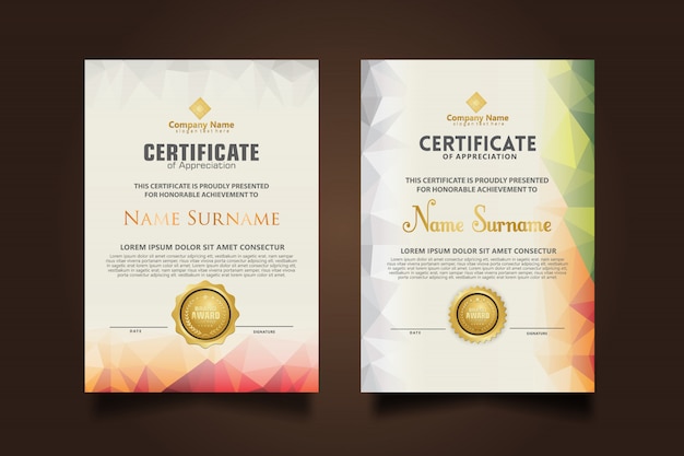 set certificate template with dynamic and futuristic polygonal color and modern shapes