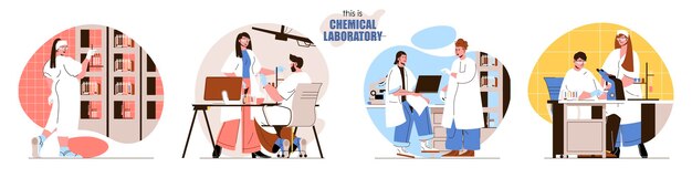 Set chemical laboratory flat design concept illustration of people characters