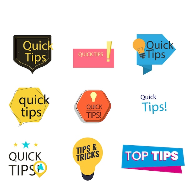 set collections quick tips trendy colorful icon sign helpful tricks labels design template vector i