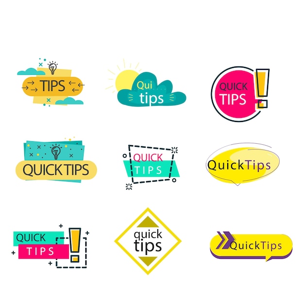set collections quick tips trendy colorful icon sign helpful tricks labels design template vector i