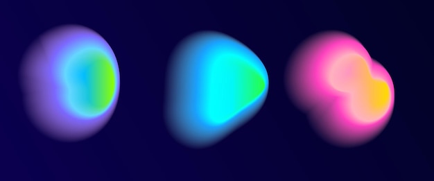 Set color neon irregular blob gradient blend gradation Abstract colorful blur shapes on dark blue background Abstract y2k pop design elements Aura concept with glow effect Vector illustration