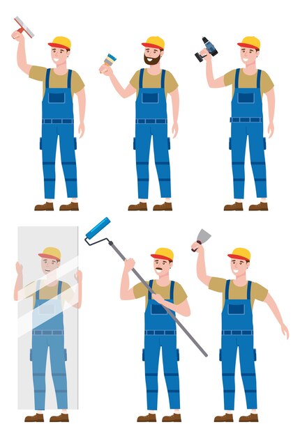 Set Construction workers with cordless screwdriver, glass sheet, brush, rollerbrush, plastering trowel tools in workwear.