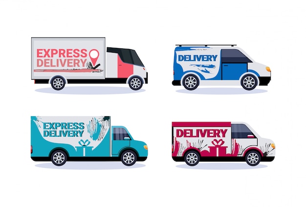 set diversity cargo minivan delivery transport collection concept transportation shipping industrial flat