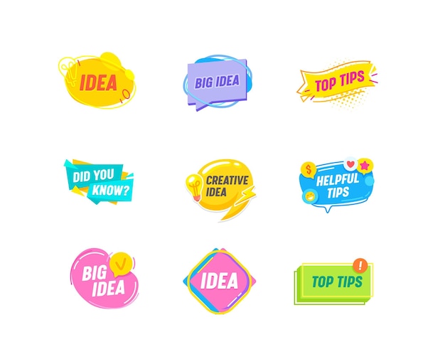 set helpful tips, big idea and advice emblems or banners speech bubbles with light bulb, solution, useful hints elements