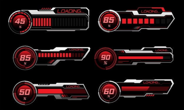Set HUD modern loading progress bars interface elements technology cyber red silver black futuristic