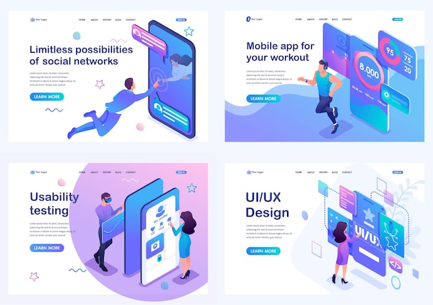 Set isometric landing pages concept of user interface development testing and use by users Mobile application for sports training