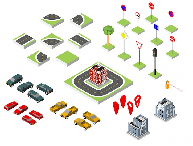 Set Isometric road and Vector Cars, Common road traffic regulatory, Building with a windows and air-conditioning